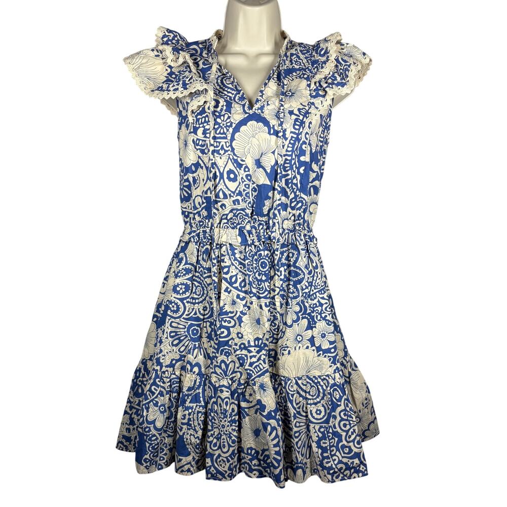 Pinch Floral Print Prairie Dress Lace Trim Sleeve Casual Elastic Waist Blue - XS